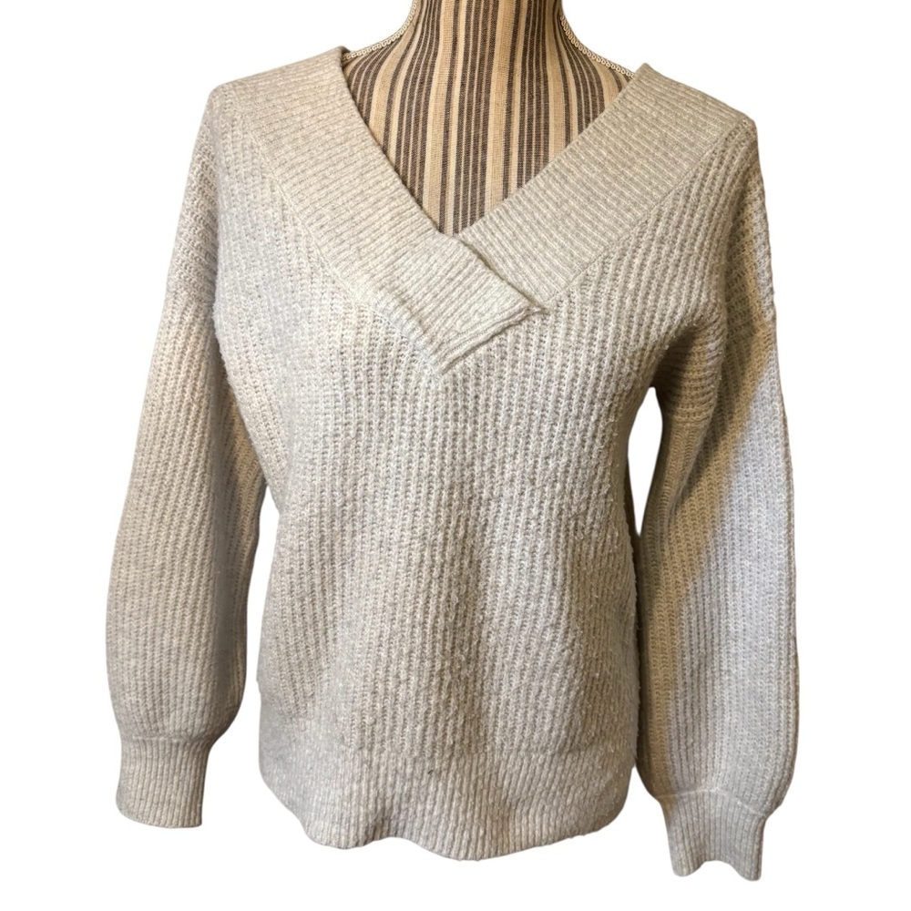 Pink Rose Sweater Large Cream Grey V-Neck Long Slvs Soft Hi-Low Side Slits